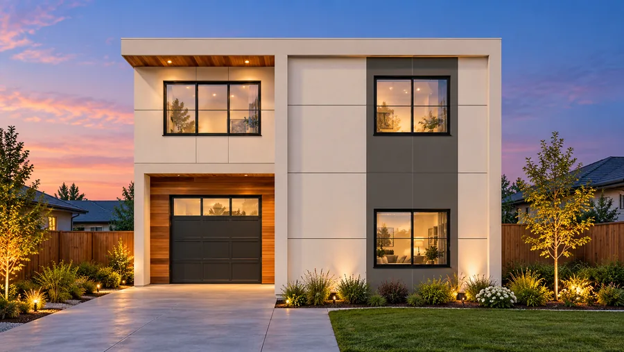 Rendering: front elevation of one of the homes at dusk: garage under a wood-clad upper floor and large upper windows