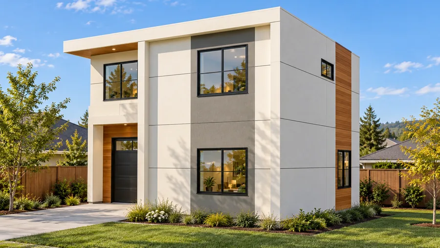 Rendering: one of the homes from the front right: recessed entry under a wood soffit, gray accent panel and black-framed windows