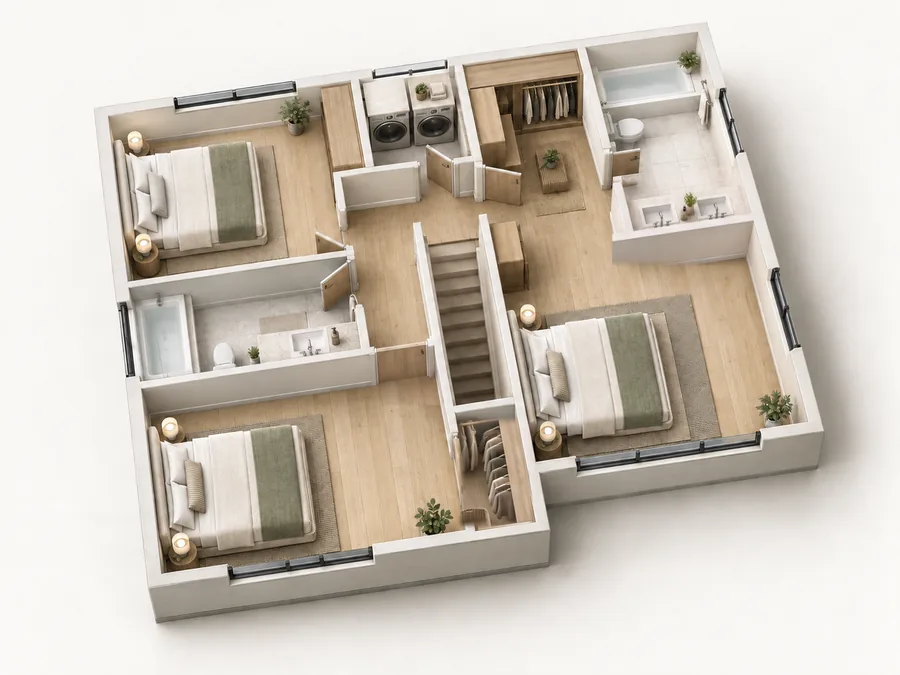 Furnished 3D plan of the upper floor: primary suite with walk-in closet and bathroom, two more bedrooms, shared bathroom and laundry