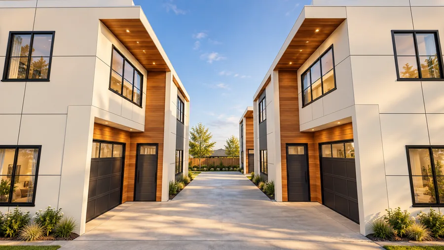 Rendering inside the private court: garage doors and front entries of two homes facing each other, with the third home at the end