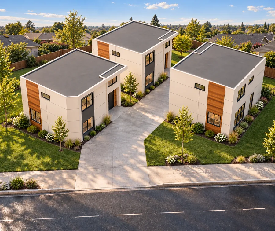 Aerial rendering from the street: the three homes, their lawns and the shared drive leading into the court