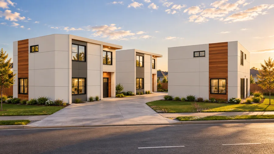 Street view rendering of The Court at 44th in Tukwila, WA: three detached homes around a private court