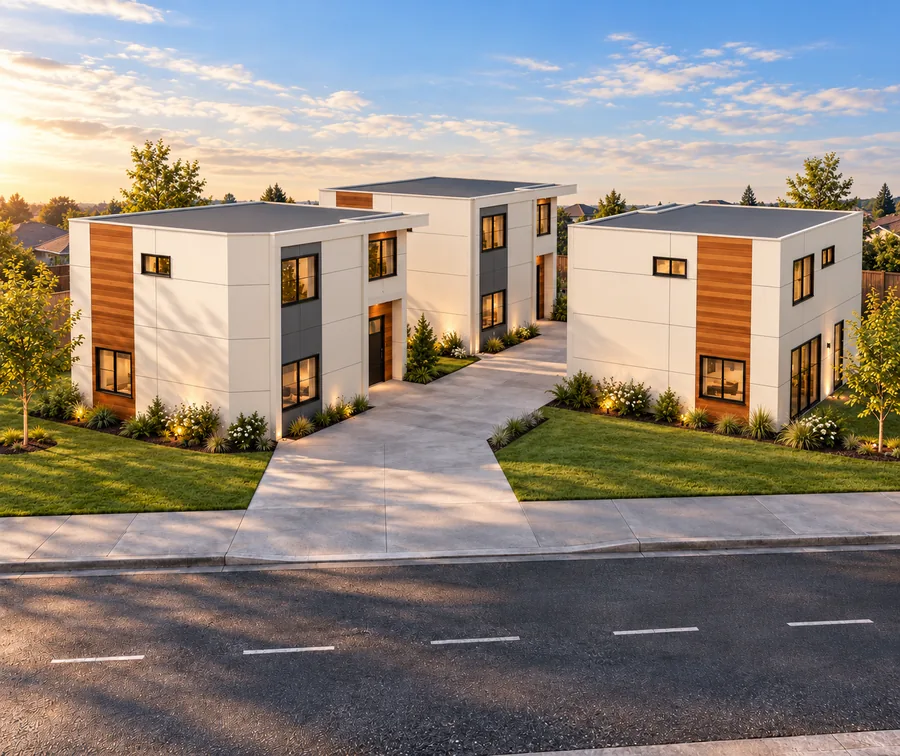 Rendering: elevated street view of the three homes at sunset, with the shared drive between them