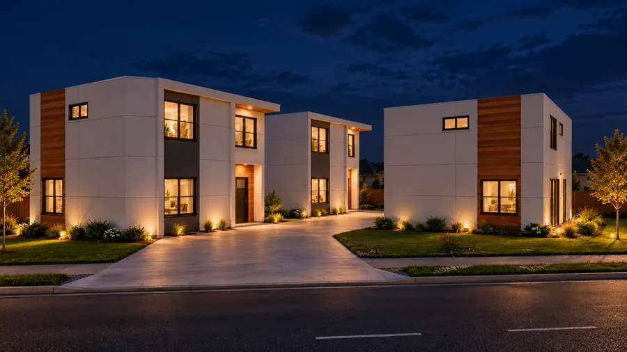 The three homes from the street at night: warm light in the windows, soffit lights over the entries and lit beds along the shared drive