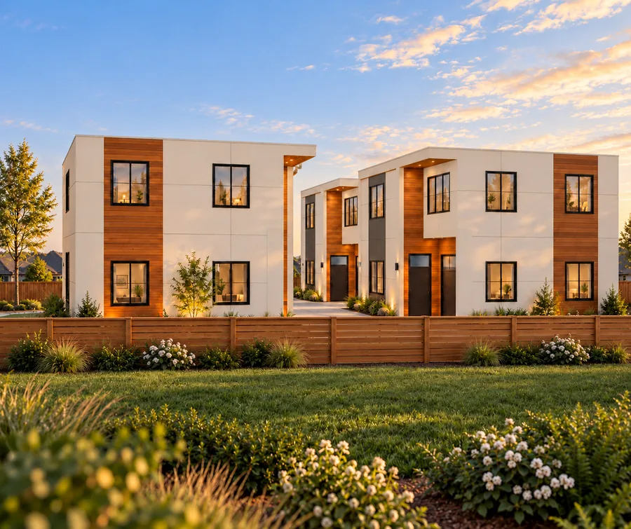 Rendering of The Court at 44th, a new MNBE development of three homes in Tukwila, WA, seen from the garden side