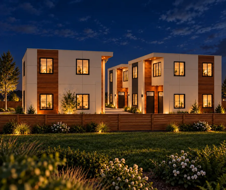 The three homes from the west lawn at night, with lit windows above a horizontal wood fence and lit garden beds