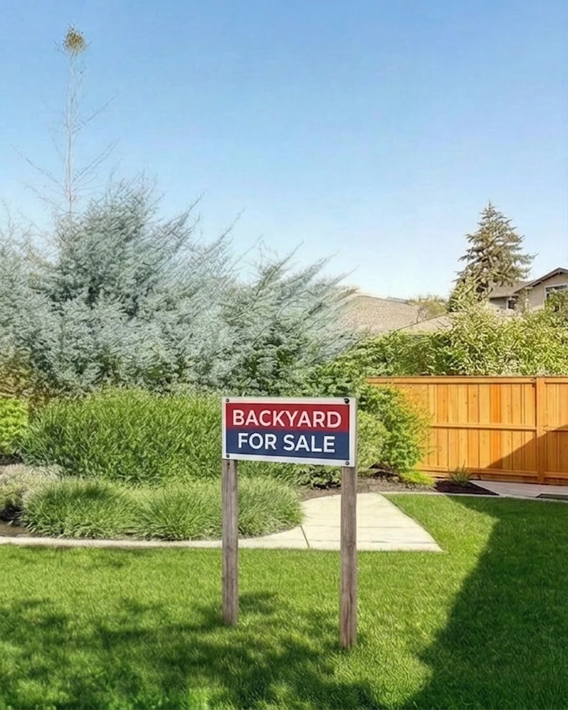Professional BACKYARD FOR SALE yard sign standing in a fenced Seattle backyard