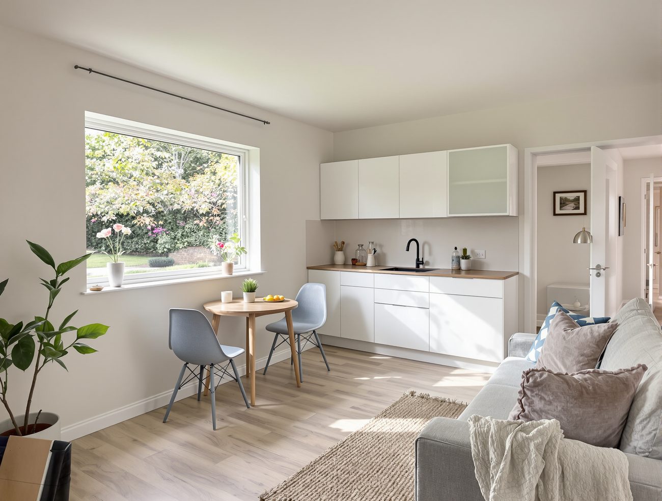 Bright interior of a compact modern cottage with garden view