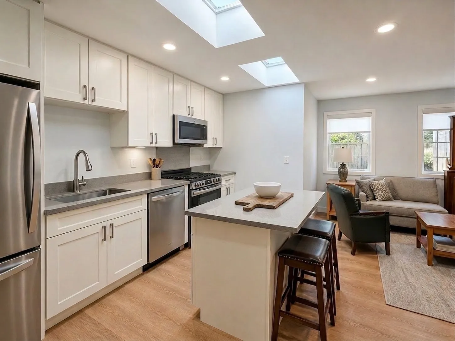 Finished ADU kitchen with skylights, white shaker cabinets and island — MNBE Bellevue project