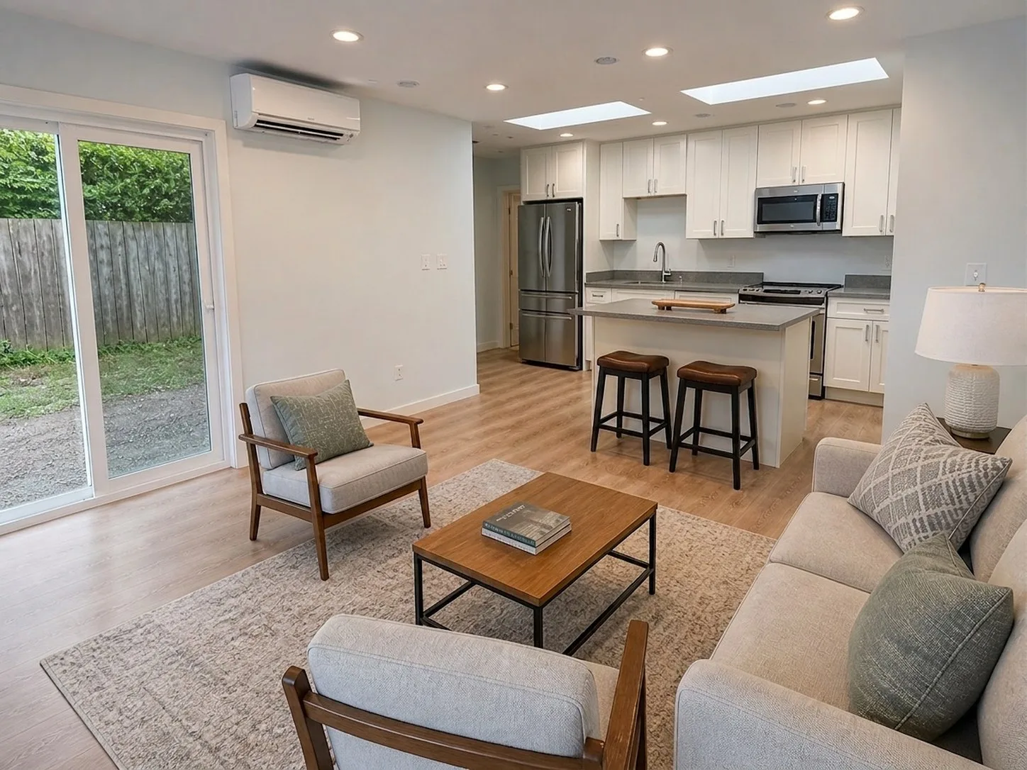 Open living area of the finished Bellevue ADU with mini-split and sliding glass door