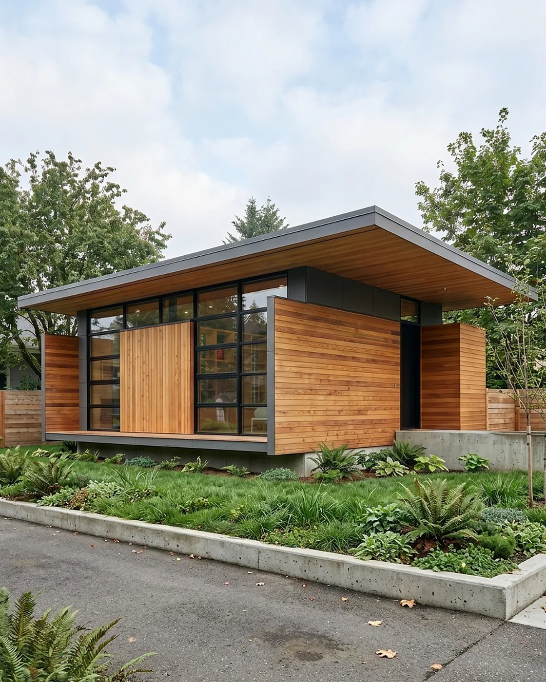 Finished modern ADU in the Seattle area with charcoal cladding and warm lit windows, built by MNBE