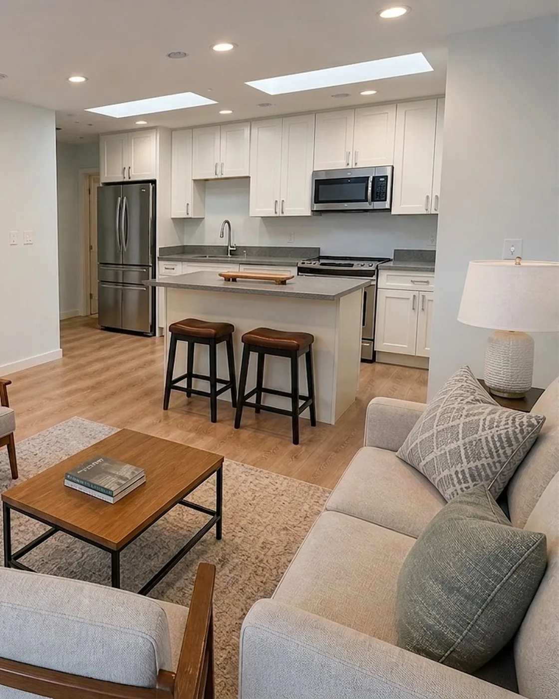 Finished lower level living space with warm wood floors, the kind of space a basement ADU conversion by MNBE delivers