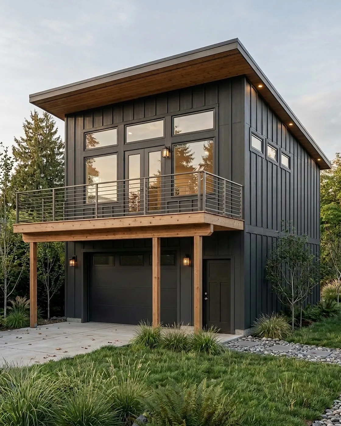 Finished modern ADU in the Seattle area with charcoal cladding and warm lit windows, built by MNBE