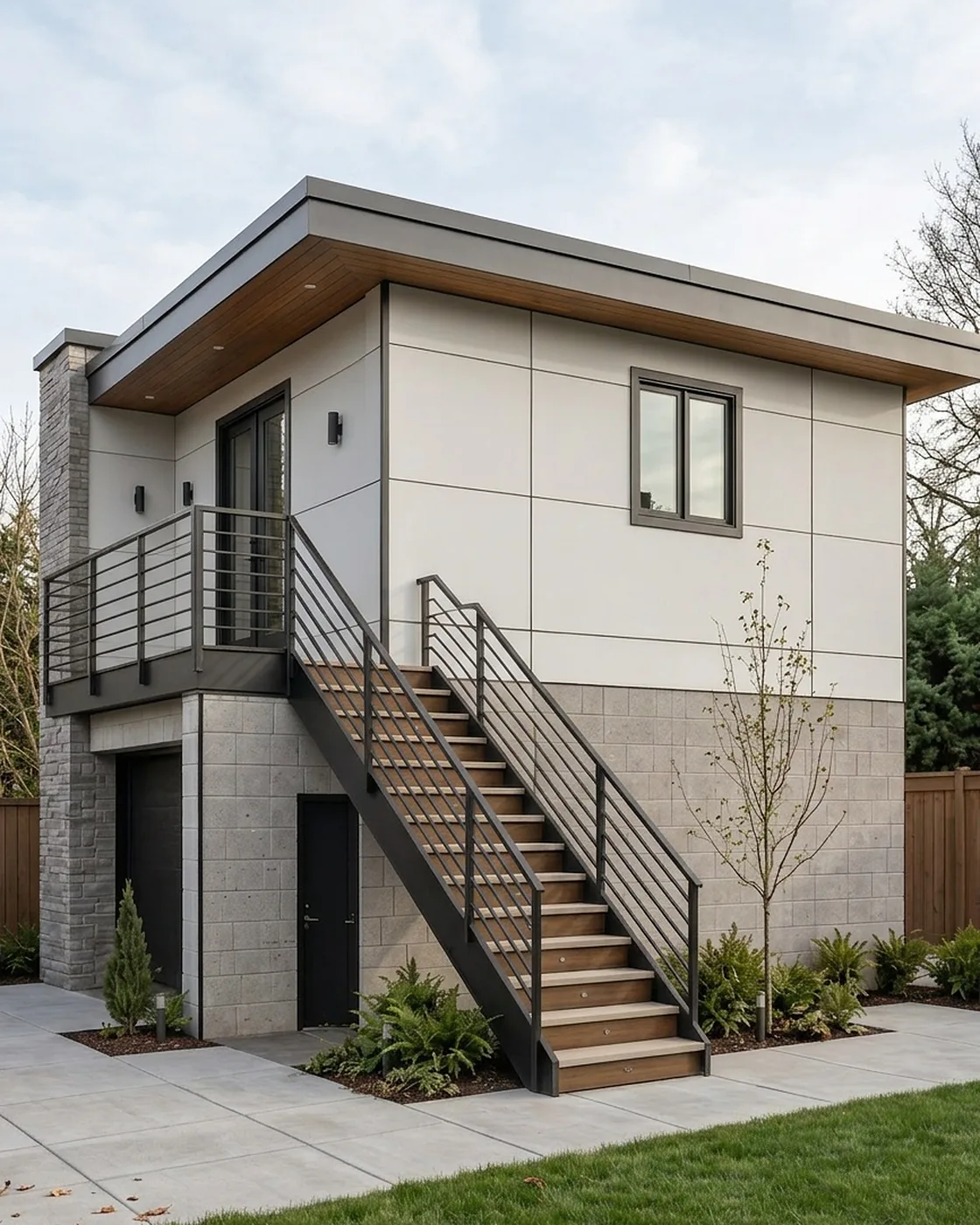 Finished modern ADU in the Seattle area with charcoal cladding and warm lit windows, built by MNBE under HB 1337