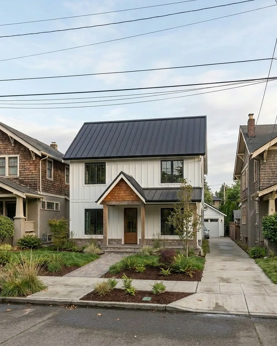 Modern infill home in the Seattle area with charcoal cladding and warm lit windows, built by MNBE