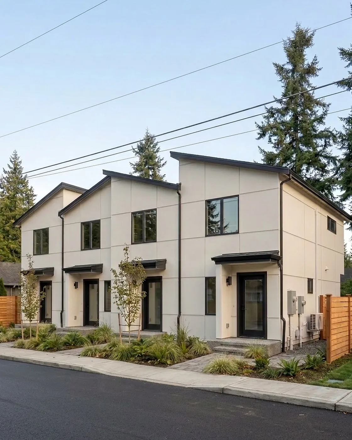 Finished modern middle housing build in the Seattle area with charcoal cladding and warm lit windows, built by MNBE