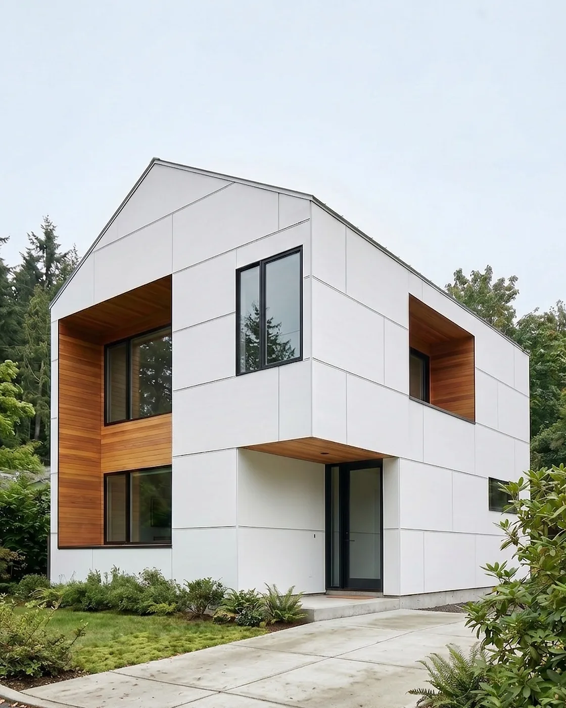Finished modern DADU in Seattle with charcoal cladding and warm lit windows, built by MNBE