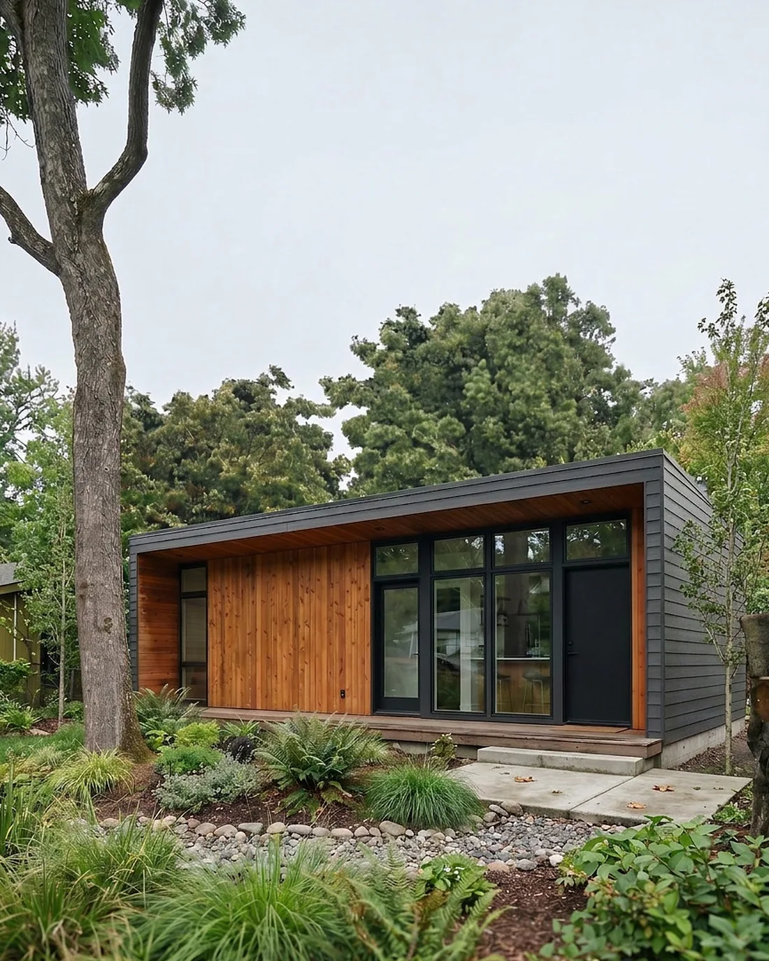 Modern single-story ADU with warm cedar siding and glass, the kind MNBE designs and builds across Bothell