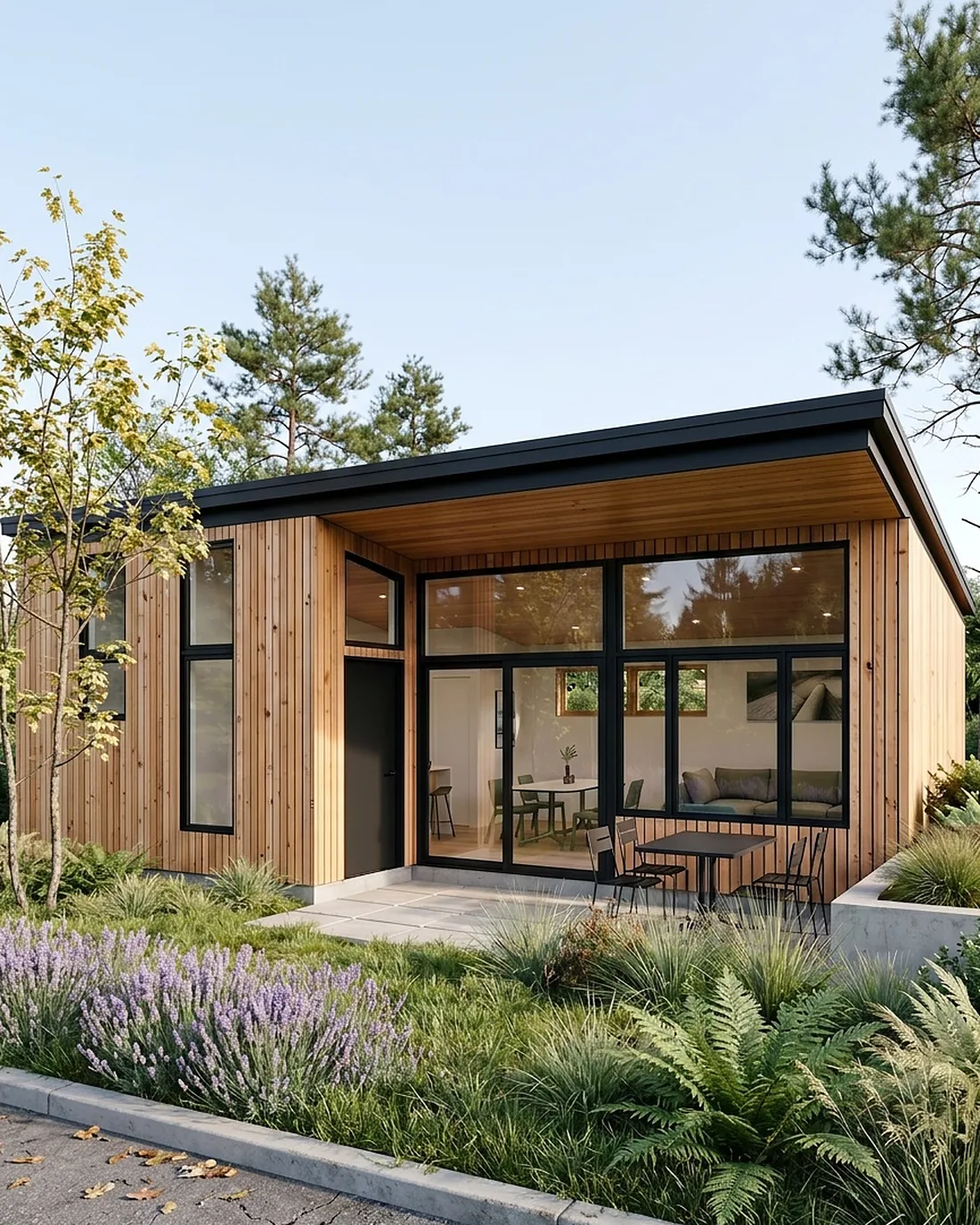 Modern detached ADU with white siding and cedar accents, MNBE design and build in Edmonds