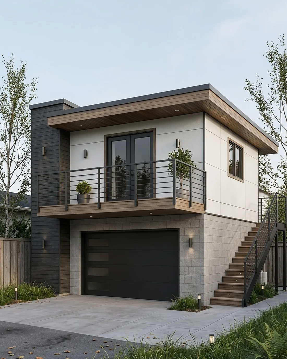 Modern detached ADU with white siding and cedar accents, MNBE design and build in Kirkland