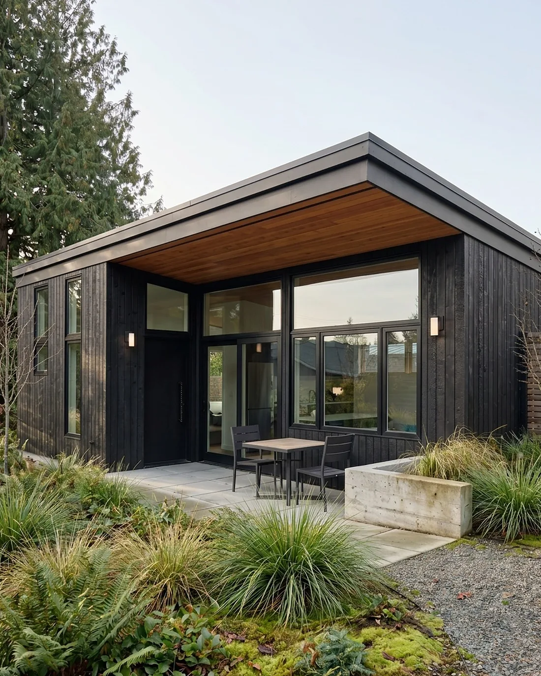 Modern single-story ADU with warm cedar siding and glass, the kind MNBE designs and builds across Magnolia
