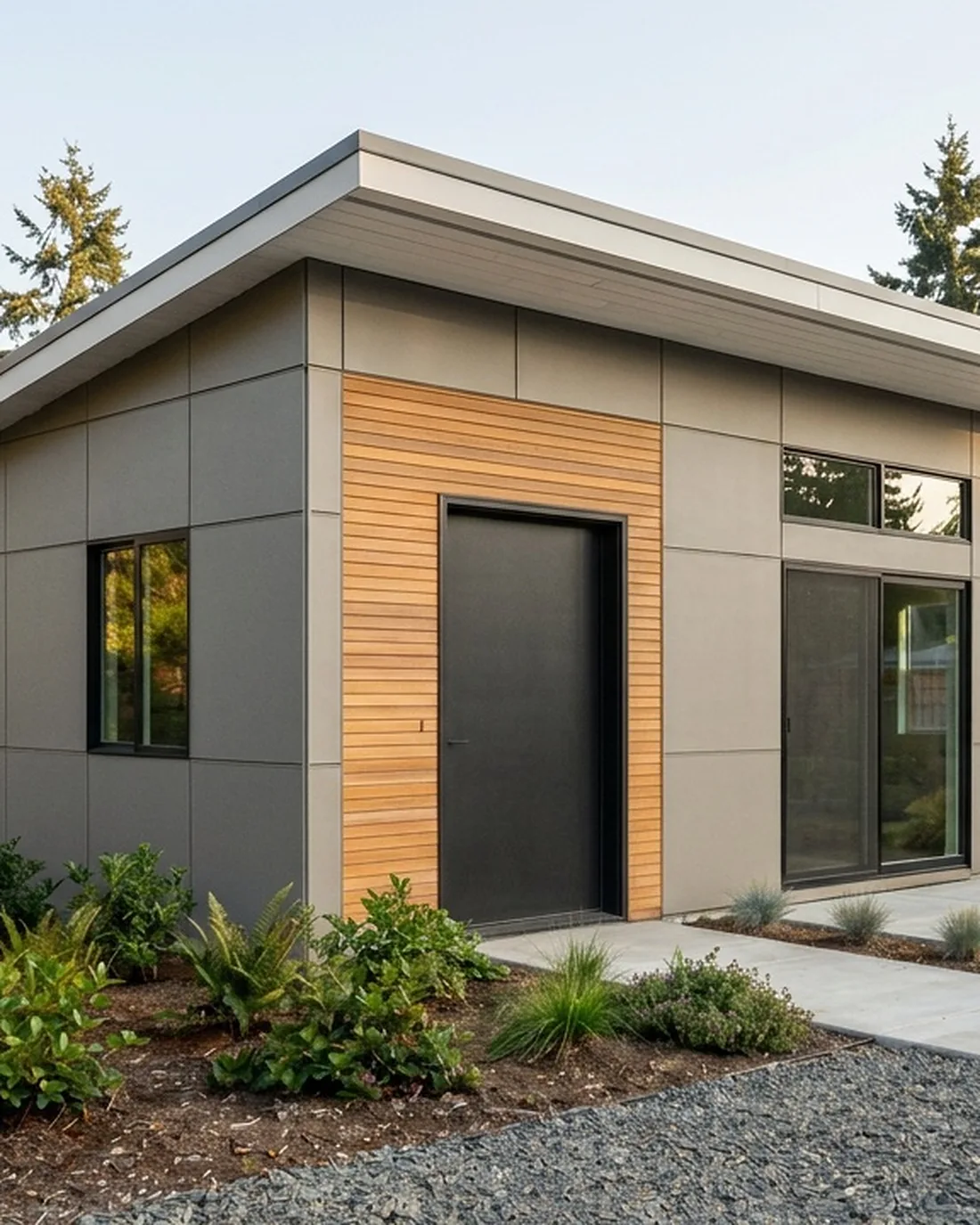 Modern detached ADU with white siding and cedar accents, MNBE design and build in Queen Anne