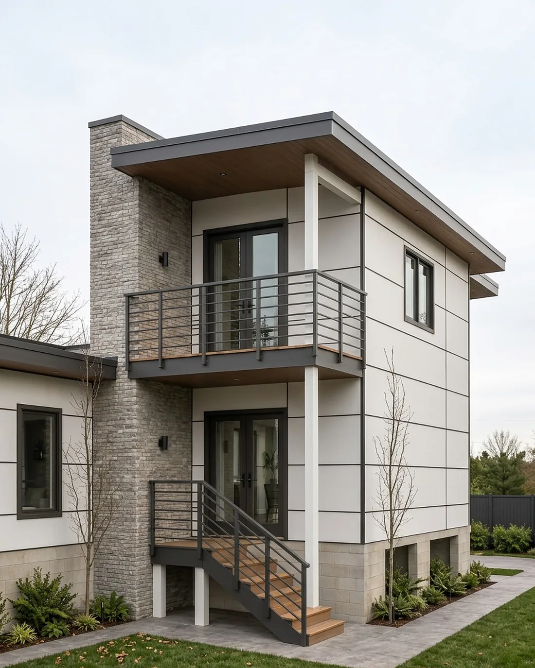 Modern detached ADU with white siding and cedar accents, MNBE design and build in Sammamish