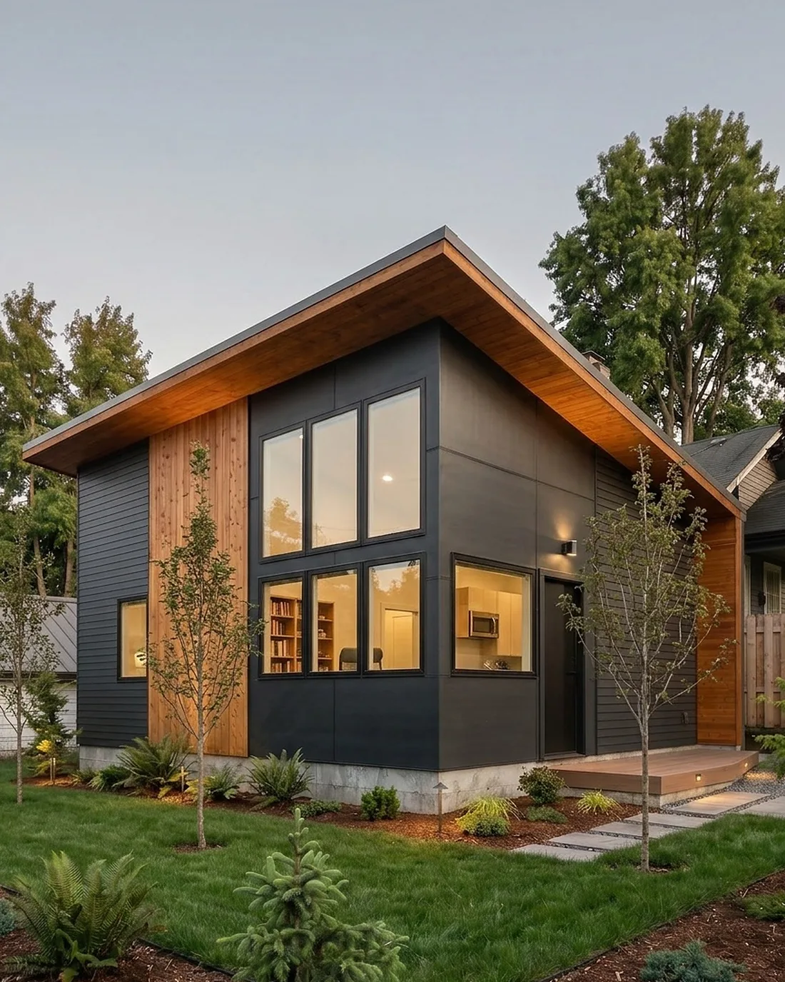 Modern detached ADU with white siding and cedar accents, MNBE design and build in Shoreline
