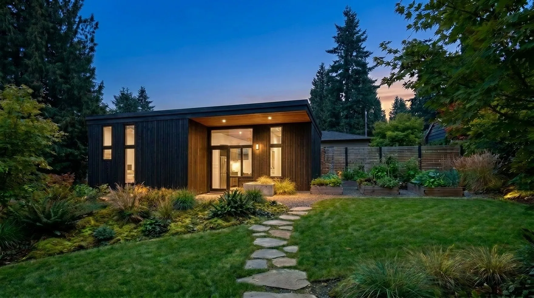 Finished custom home and ADU at dusk built by MNBE Construction & Development in the Seattle area