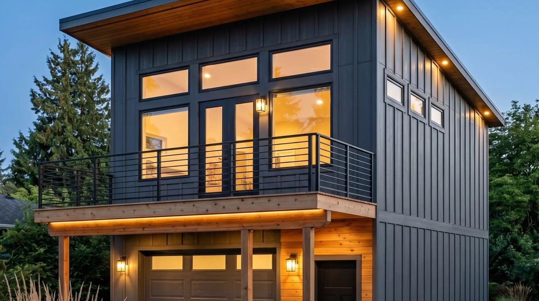Modern two story ADU at dusk built by MNBE Construction and Development