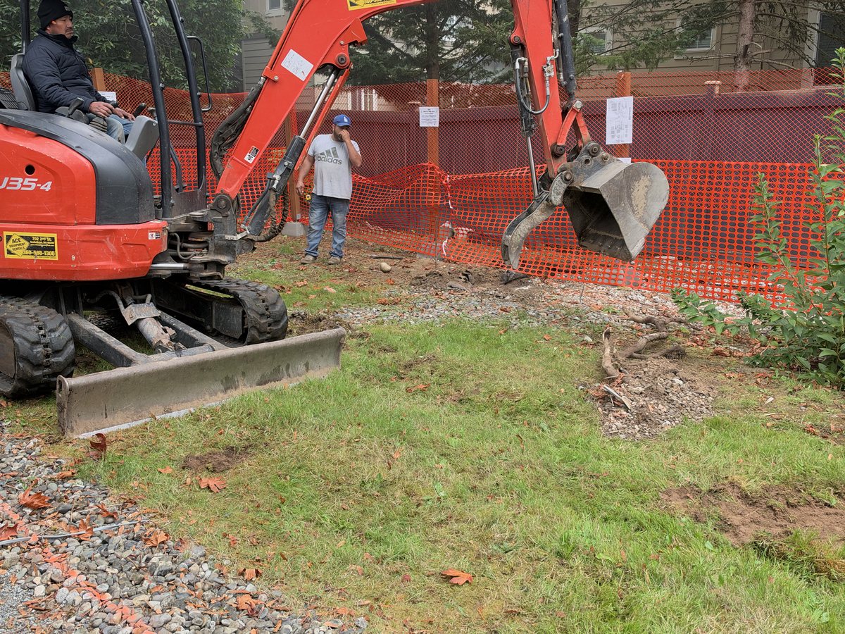 Mini excavator digging the DADU footprint inside orange tree protection fencing