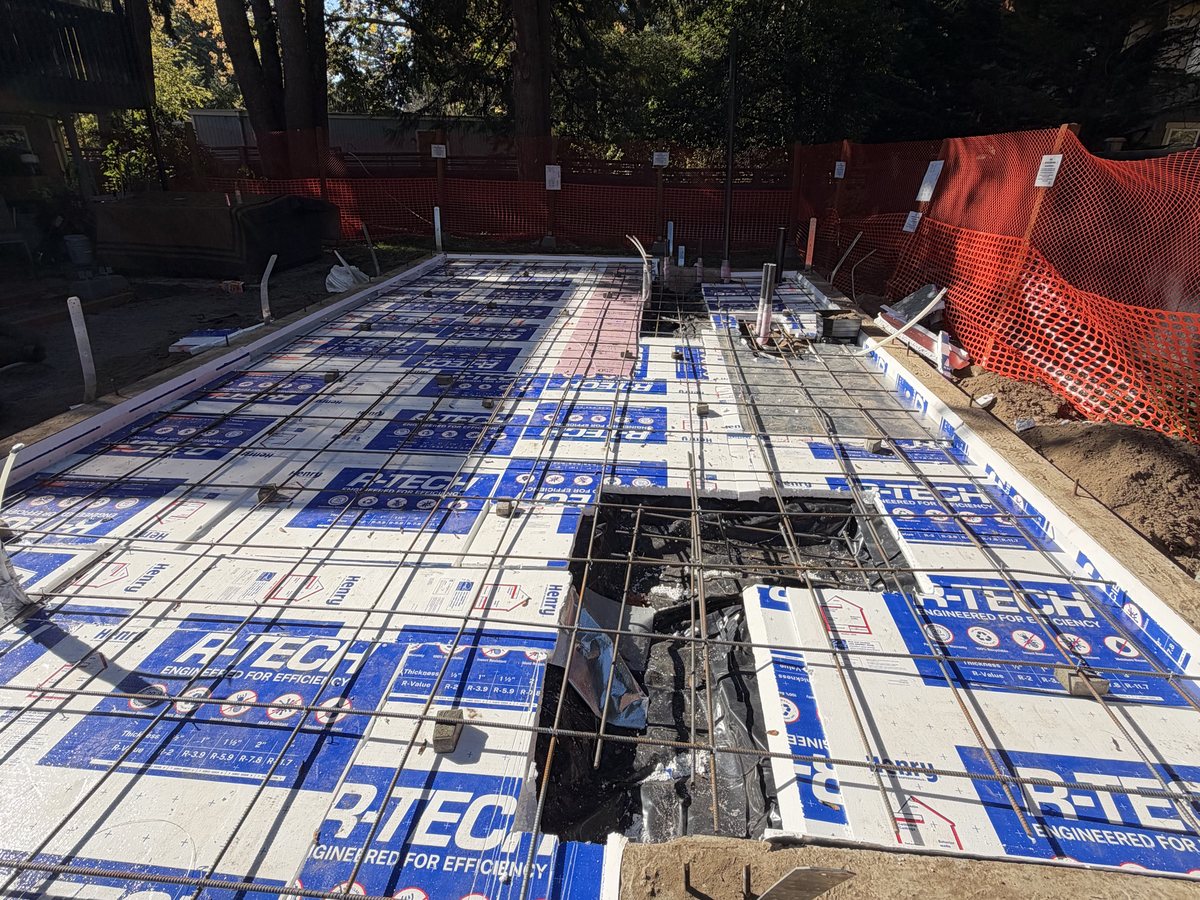 Rigid foam insulation and rebar grid before the slab pour