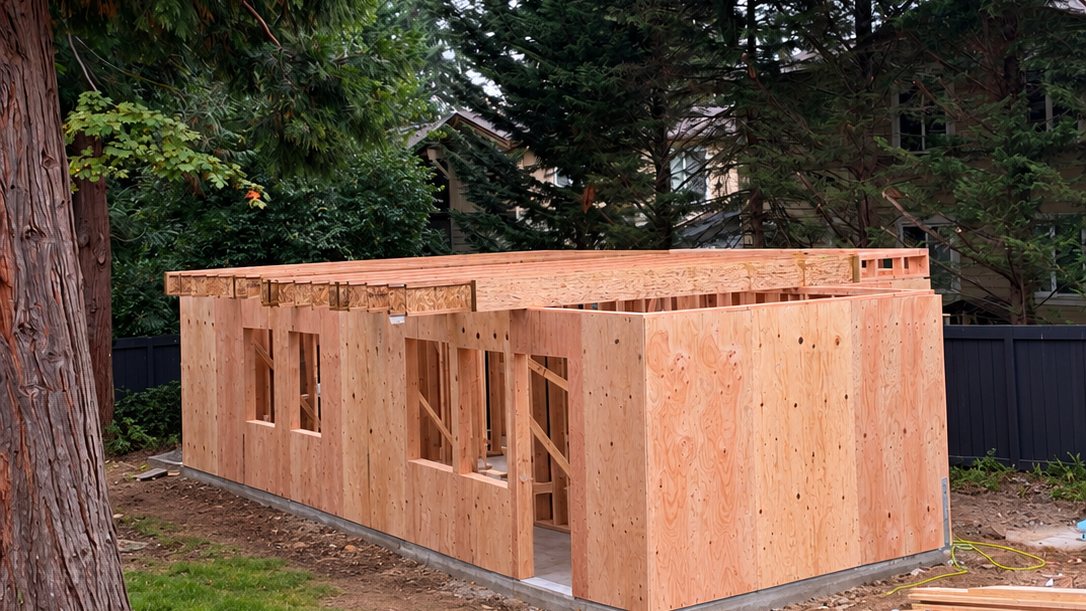 Framed and plywood-sheathed walls of the Kirkland DADU