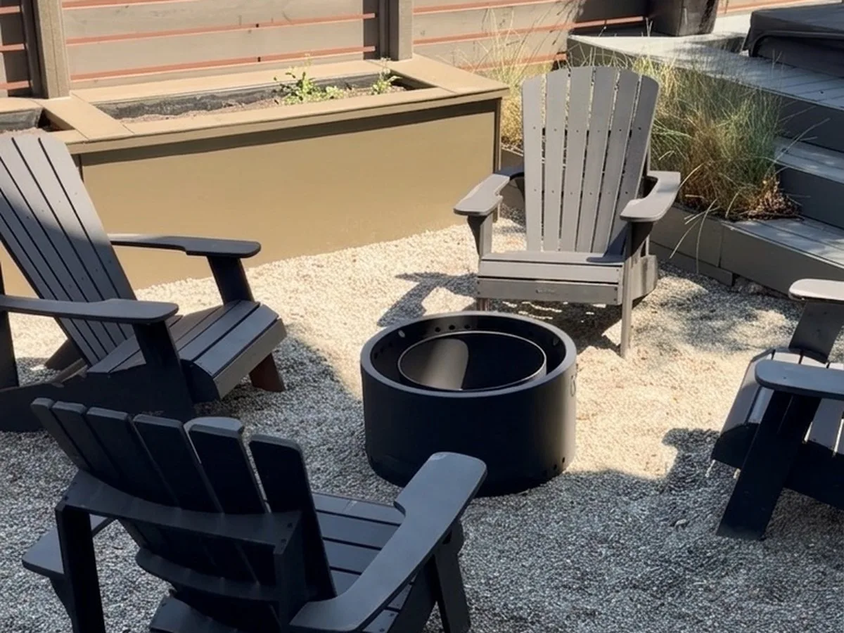 Fire pit lounge with adirondack chairs on gravel