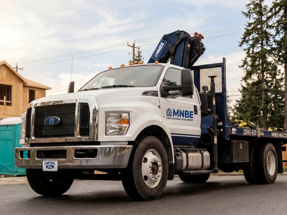 MNBE Construction & Development crane truck with framing lumber at a new construction site in the Seattle area