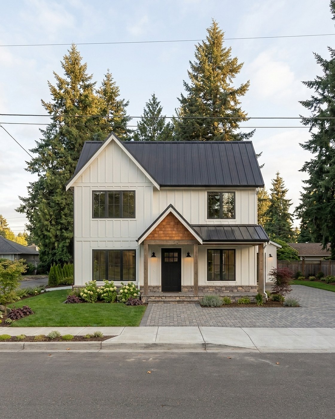 Finished modern Pacific Northwest custom home in the Seattle area with clean lines and warm lit windows, built by MNBE