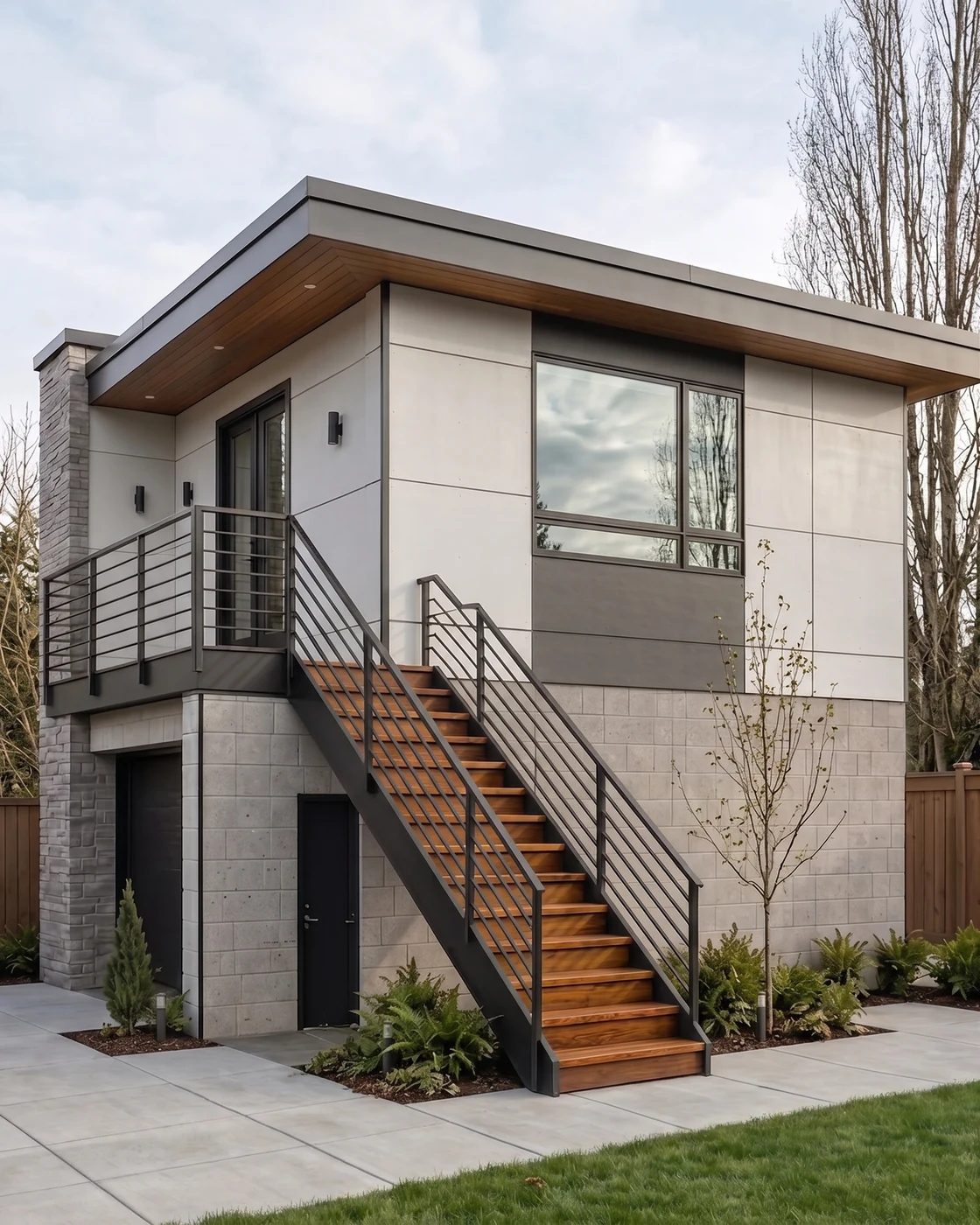 Finished modern ADU in the Seattle area with charcoal cladding and warm lit windows, built by MNBE under HB 1337