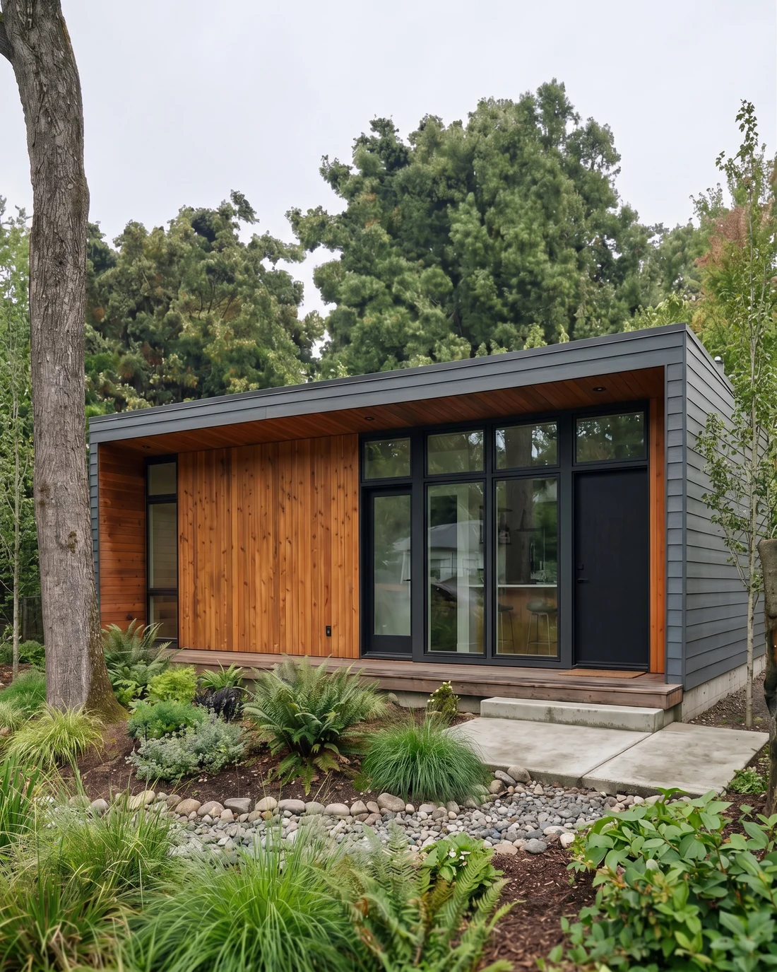 Modern single-story ADU with warm cedar siding and glass, the kind MNBE designs and builds across Bothell
