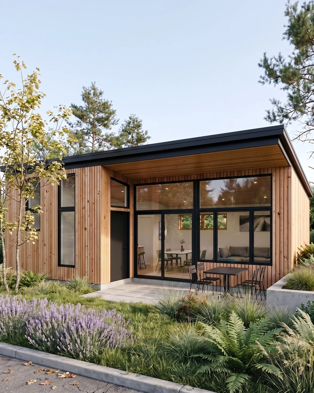 Modern single-story ADU with warm cedar siding and glass, the kind MNBE designs and builds across Bellevue
