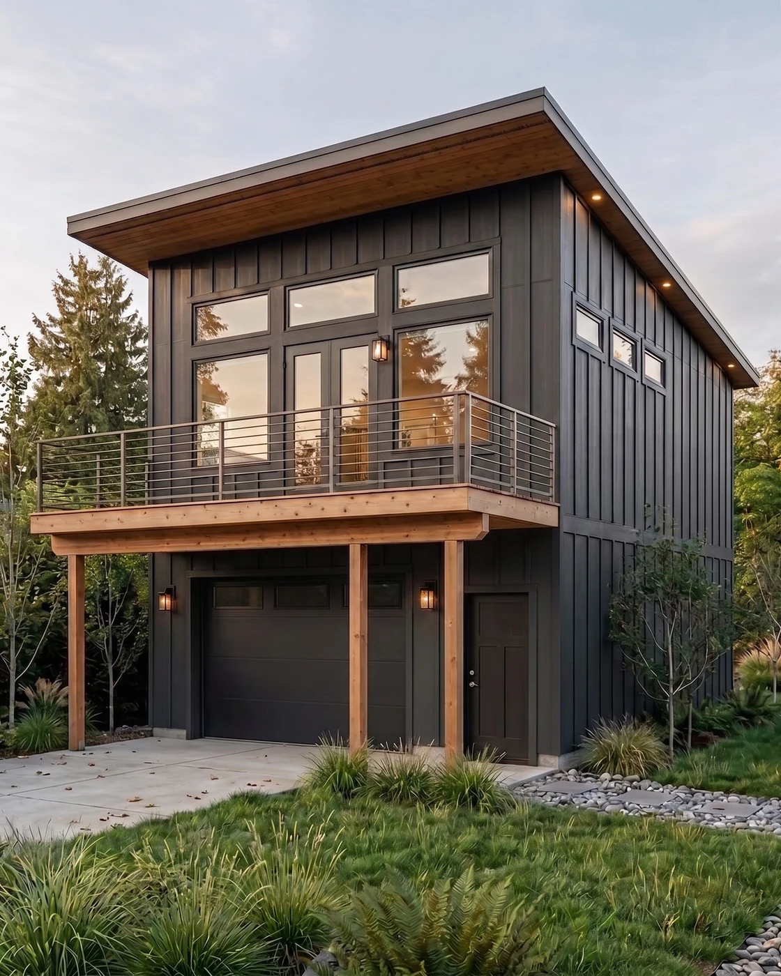 Finished modern ADU in the Seattle area with charcoal cladding and warm lit windows, built by MNBE