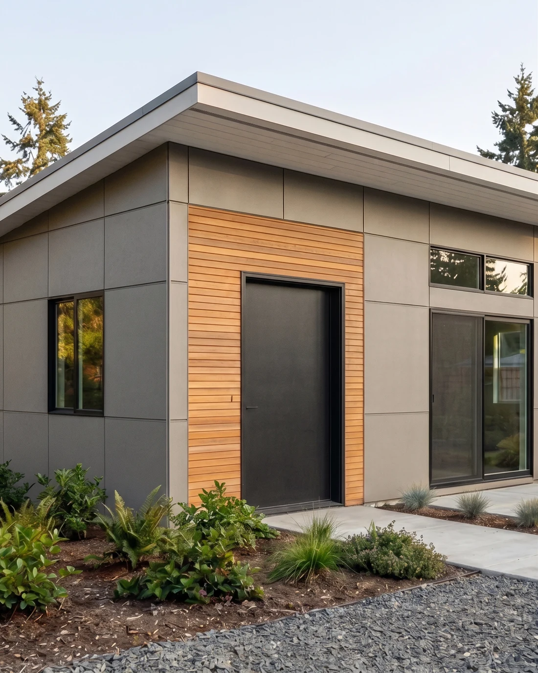 Modern detached ADU with white siding and cedar accents, MNBE design and build in Mercer Island