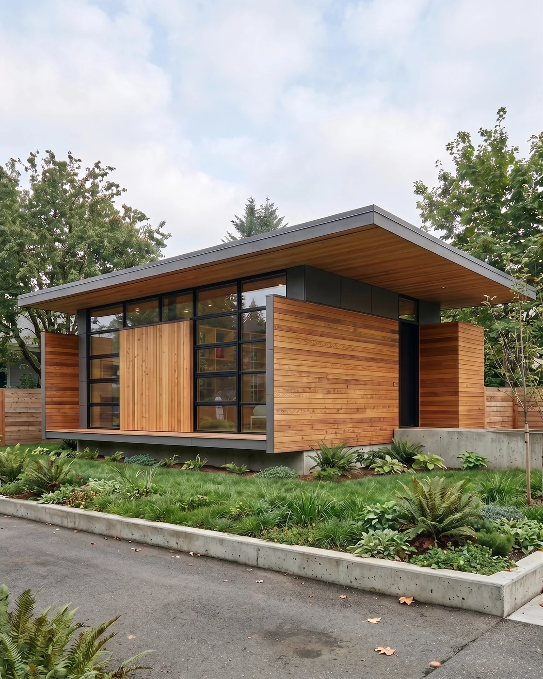 Finished modern ADU in the Seattle area with charcoal cladding and warm lit windows, built by MNBE