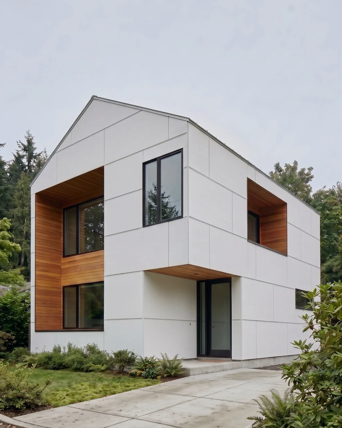 Finished modern DADU in Seattle with charcoal cladding and warm lit windows, built by MNBE