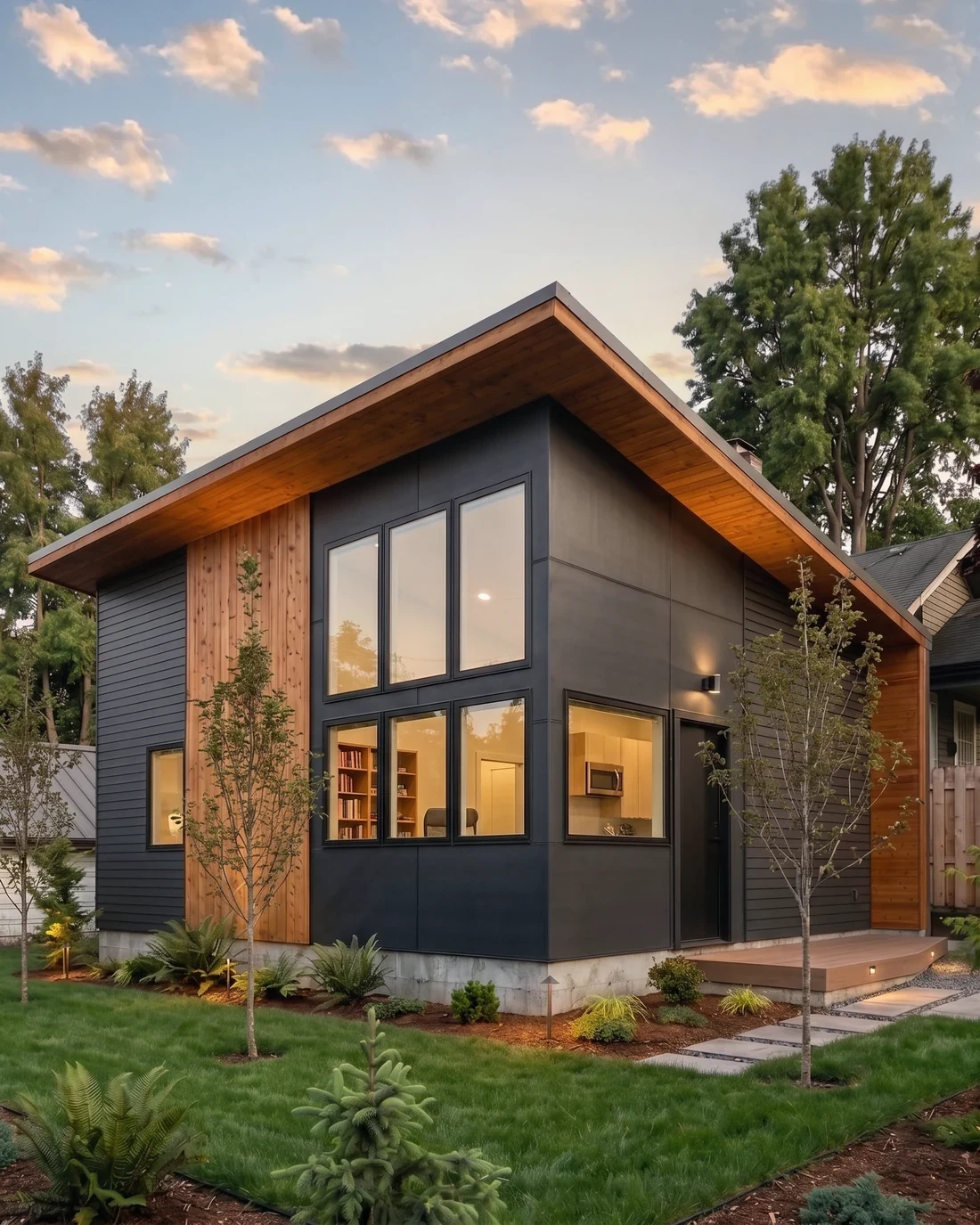 Modern detached ADU with white siding and cedar accents, MNBE design and build in Shoreline