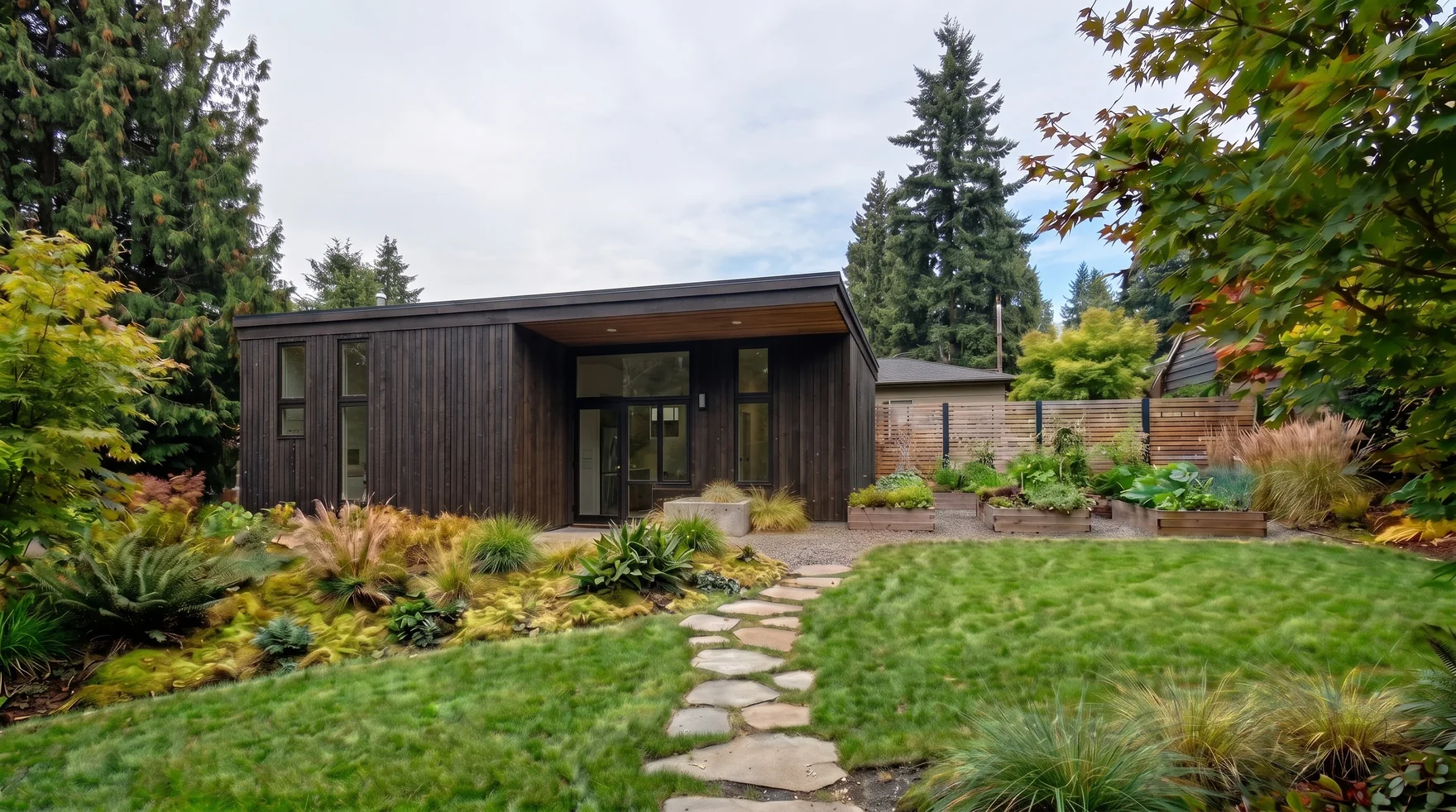 Modern backyard ADU with dark vertical wood siding on a lawn among Pacific Northwest evergreens in soft daylight