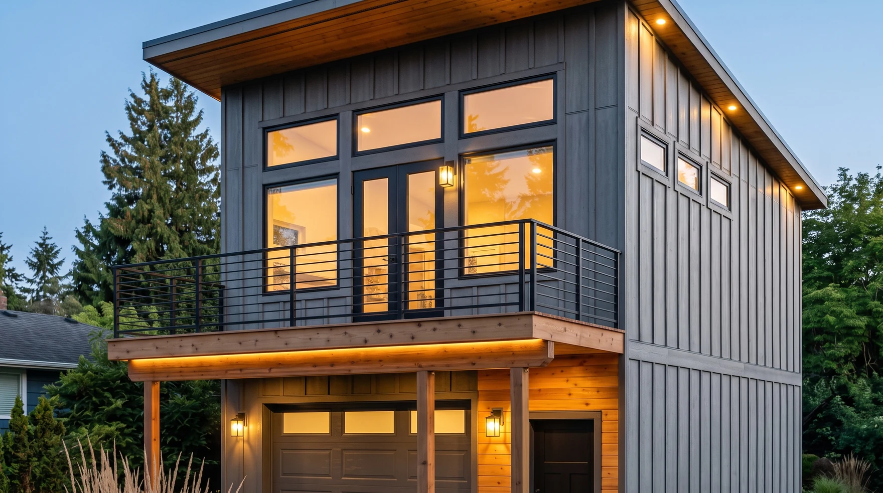 Modern two story ADU at dusk with lit windows, built by MNBE Construction and Development