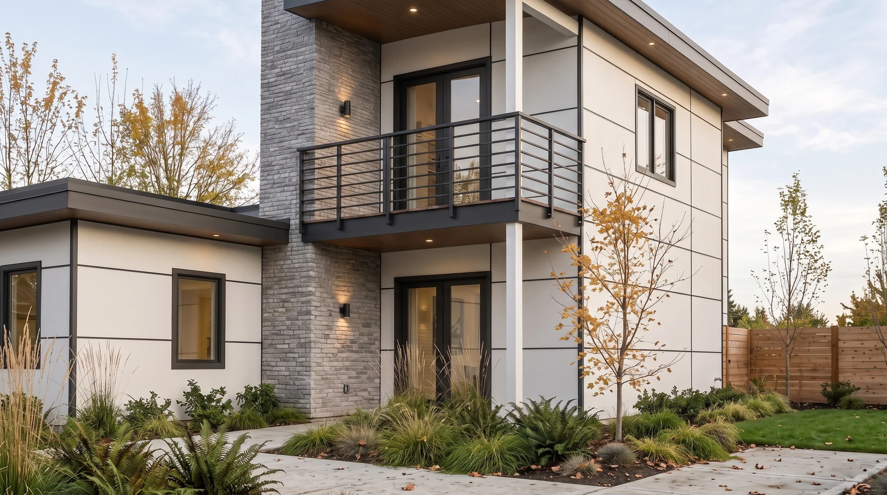 Modern two-story custom home with balcony and cedar accents, new construction by MNBE