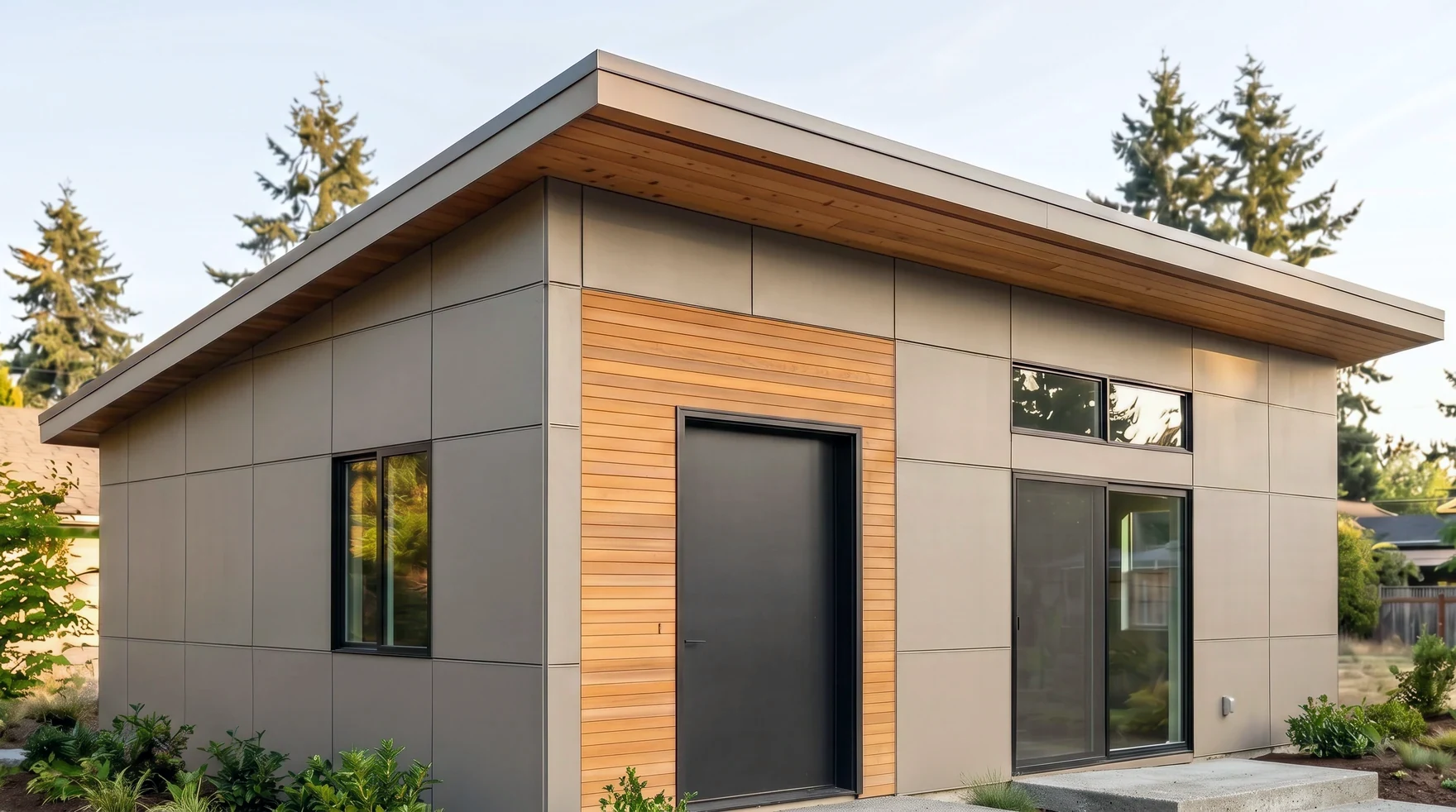 Modern flat-roof ADU with cedar entry, the kind MNBE designs and permits in Seattle and the Eastside