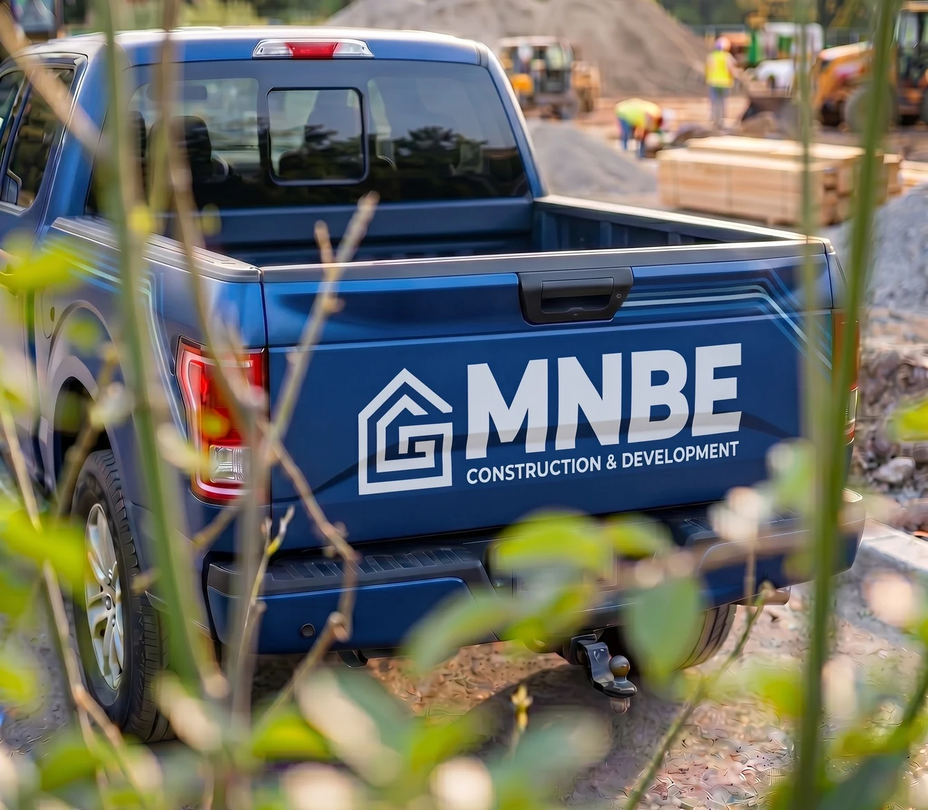 MNBE Construction & Development branded work truck on a Seattle jobsite