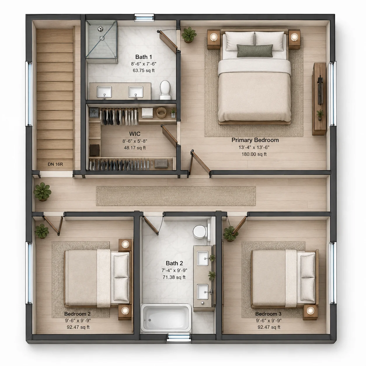 Upper Level floor plan for the Bellevue — Four-Bedroom project